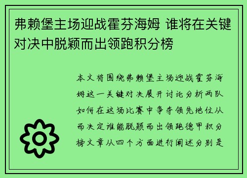 弗赖堡主场迎战霍芬海姆 谁将在关键对决中脱颖而出领跑积分榜
