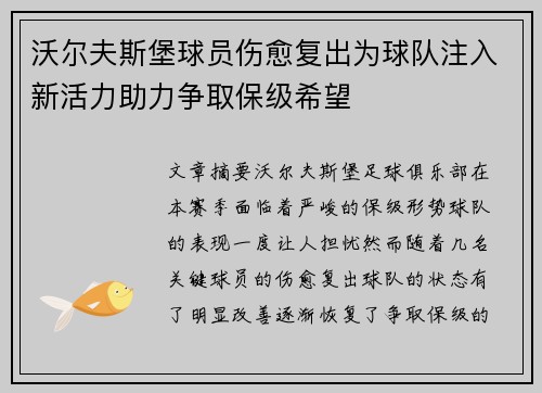 沃尔夫斯堡球员伤愈复出为球队注入新活力助力争取保级希望