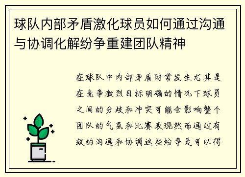 球队内部矛盾激化球员如何通过沟通与协调化解纷争重建团队精神