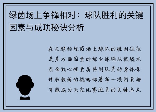 绿茵场上争锋相对：球队胜利的关键因素与成功秘诀分析
