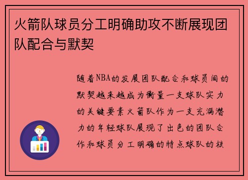 火箭队球员分工明确助攻不断展现团队配合与默契