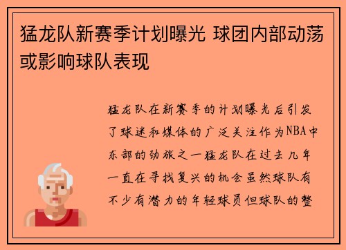 猛龙队新赛季计划曝光 球团内部动荡或影响球队表现