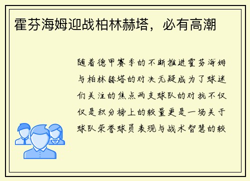 霍芬海姆迎战柏林赫塔，必有高潮