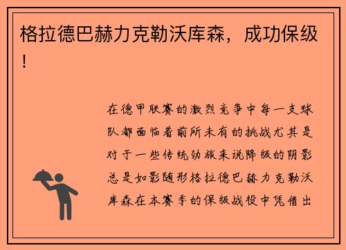 格拉德巴赫力克勒沃库森，成功保级！