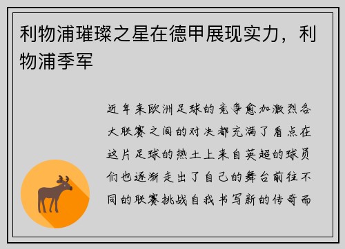 利物浦璀璨之星在德甲展现实力，利物浦季军
