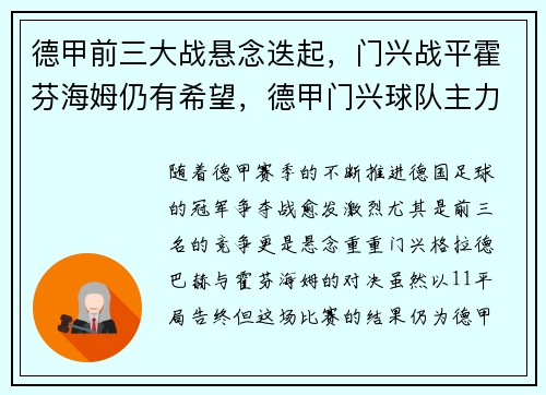 德甲前三大战悬念迭起，门兴战平霍芬海姆仍有希望，德甲门兴球队主力名单