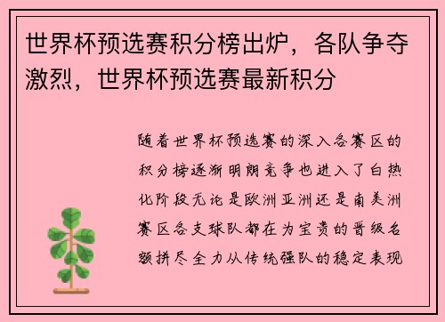 世界杯预选赛积分榜出炉，各队争夺激烈，世界杯预选赛最新积分