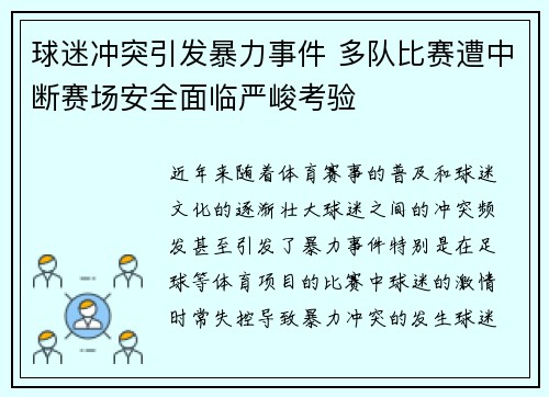 球迷冲突引发暴力事件 多队比赛遭中断赛场安全面临严峻考验