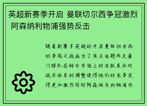 英超新赛季开启 曼联切尔西争冠激烈 阿森纳利物浦强势反击