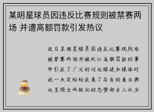 某明星球员因违反比赛规则被禁赛两场 并遭高额罚款引发热议