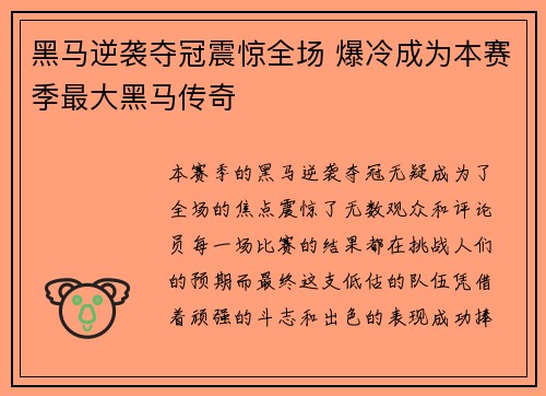 黑马逆袭夺冠震惊全场 爆冷成为本赛季最大黑马传奇